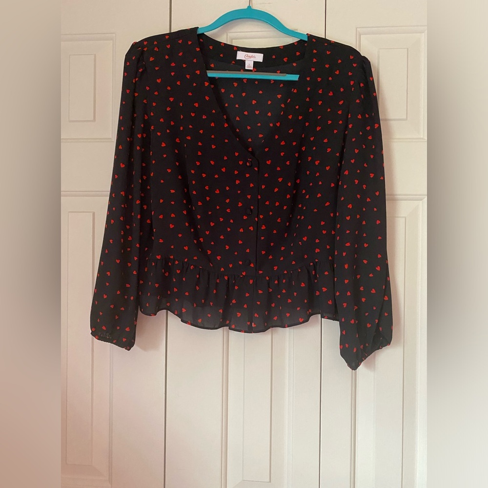 Size Large (Juniors) Candie’s Black and Red Heart Long Sleeve Blouse